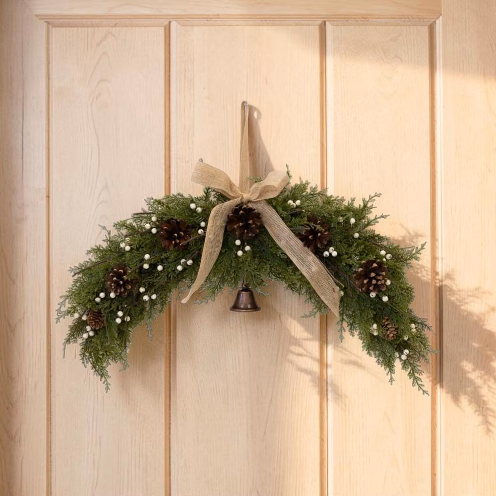 Four Candle Green Christmas Hanging Arc Swag with White Berries, Pinecones, Bells and Bow – 2