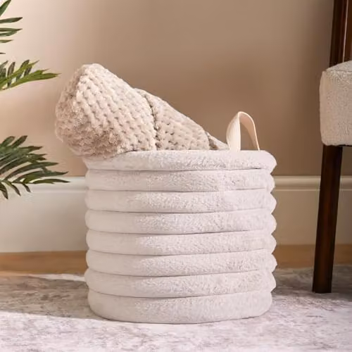 OHS Ribbed Faux Fur Storage Basket with Handles in Beige/Sand – 1