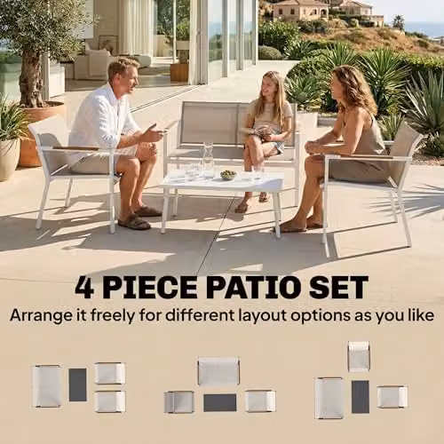 Outsunny 4 Seater Modern Garden Furniture Set with Metal Frame, 2 Seater Sofa, Armchairs and Coffee Table in Beige – 3