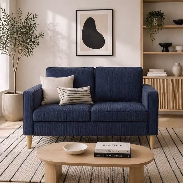 Wyld Haus Rozike Nodi Blue Corduroy 2 Seater Compact Sofa with Natural Wooden Legs W/D/H: 117.0 x 79.0 x 46.5 cm