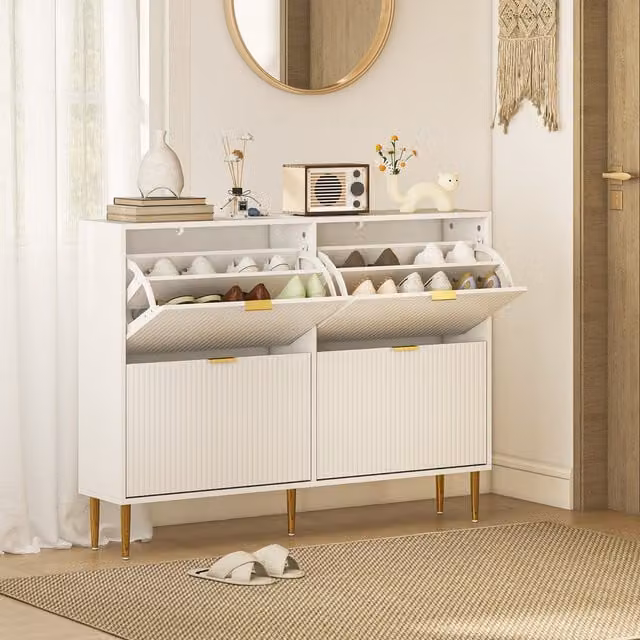 HOMCOM Slim White Shoe Storage Cabinet with 2 Tilting Drawers for Hallway