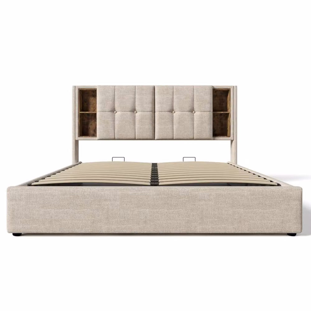 STILVORA King Size Upholstered Bed in Sand with Wireless Charging, Storage and Bedside Shelf, W/D/H: 180 x 200 x 152.4 cm – 4