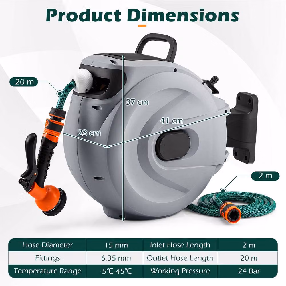 Gymax Grey Wall-Mounted Retractable Hose Reel with Auto-Rewind, 1/2 Inch, 20m + 2m – 2