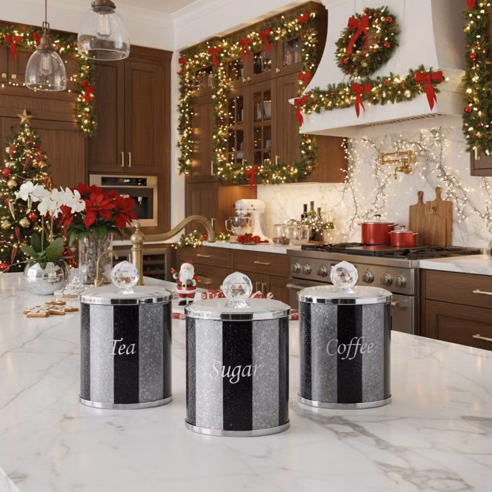 Smartbies Luxury Crystal Tea, Coffee and Sugar Canister Set in Black and Silver with Airtight Glass Lids – 2