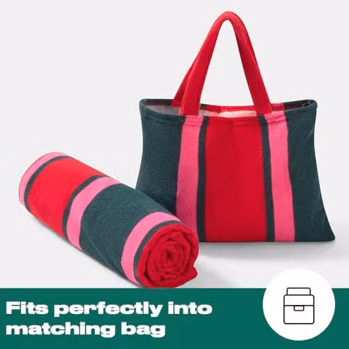 OHS Striped Microfibre Beach Towel for Adults, Green and Red, W: 75 cm, L: 215 cm – 4