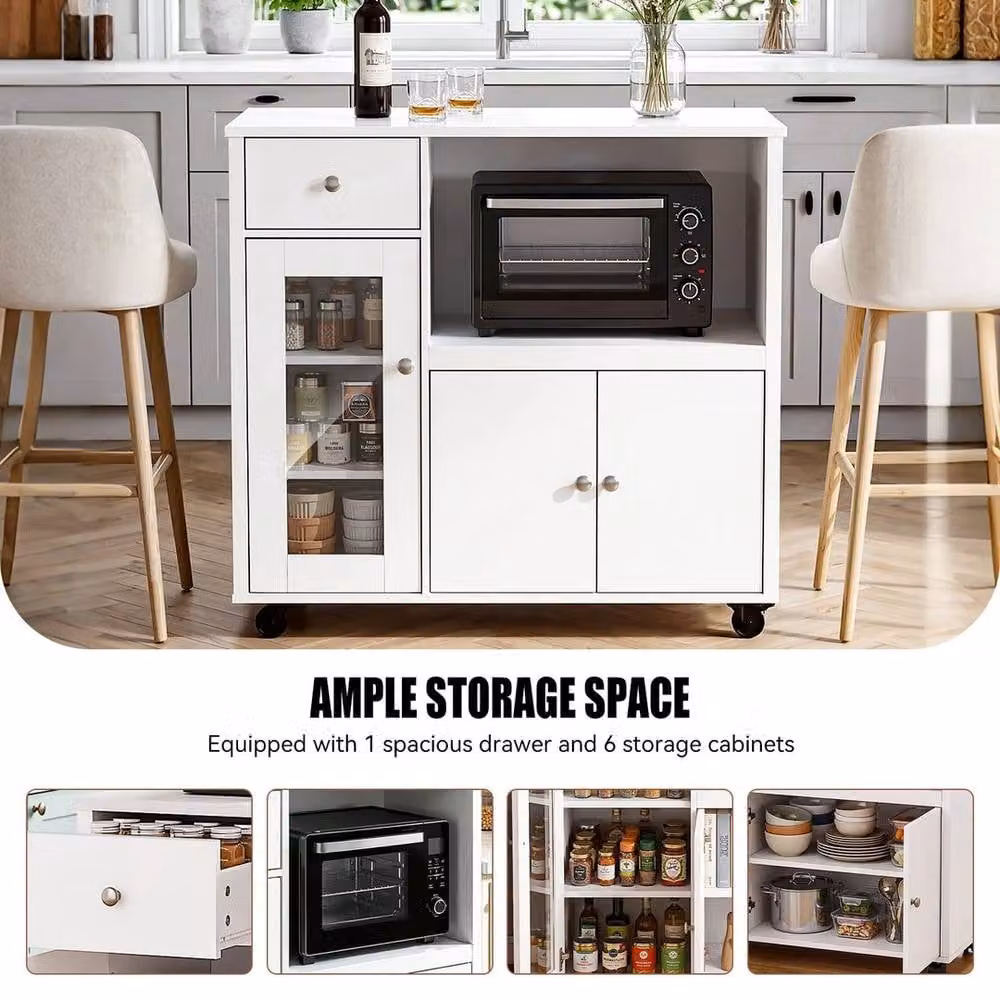 KORVIXA White Lacquered Kitchen Island Sideboard Rolling Trolley with Glass, W: 90 cm, D: 40 cm, H: 82.5 cm – 4