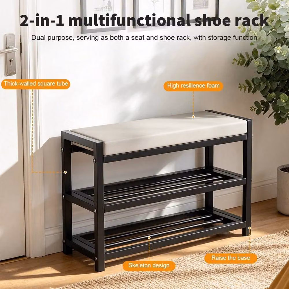 KORVIXA Black Upholstered Shoe Bench Stool and Storage Rack, W: 90 cm – 4