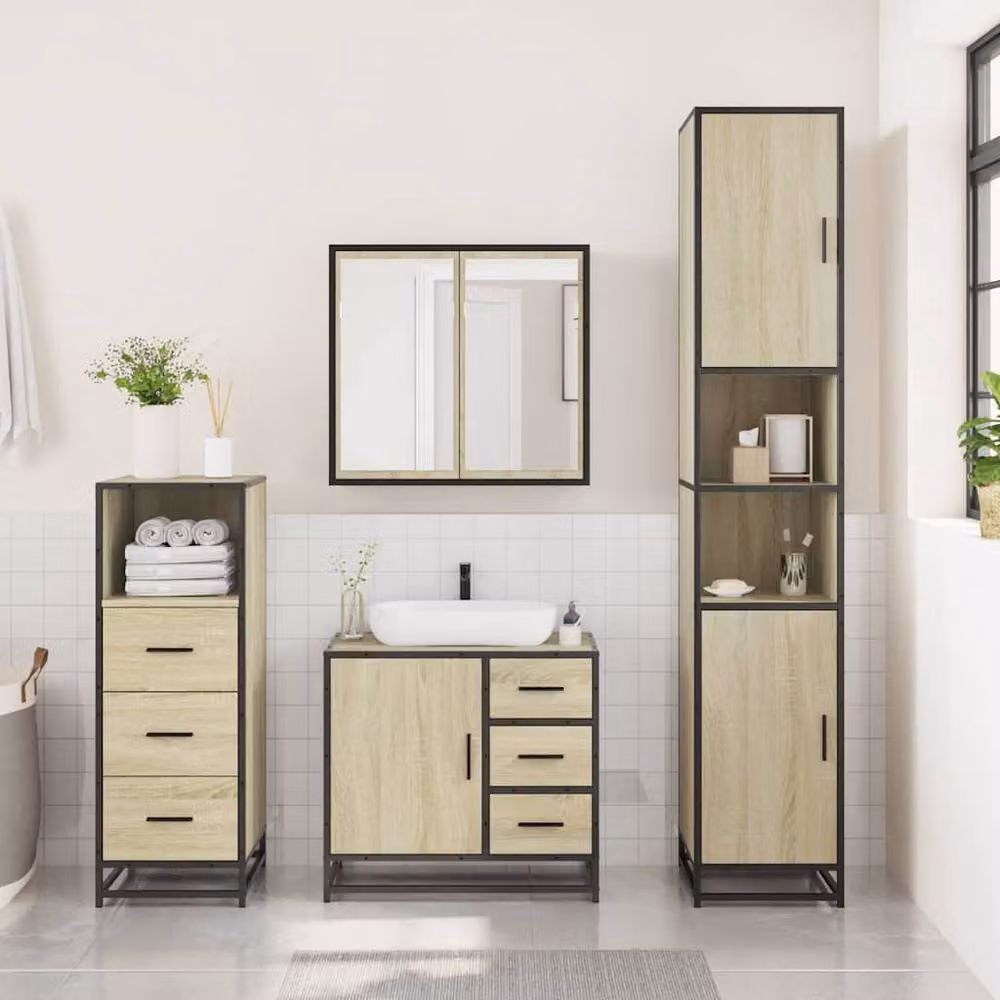 Berkfield Home 3 Piece Brown Sonoma Oak Bathroom Furniture Set with Vanity Unit and Mirror Cabinet – 2