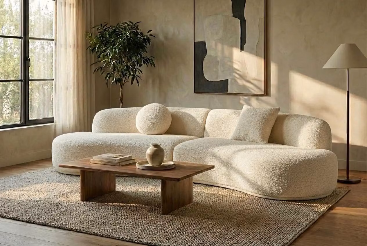 Araco Atelier Coco 4 Seater Upholstered Bouclé Sofa in Vanilla Beige and White with Scatter Cushions