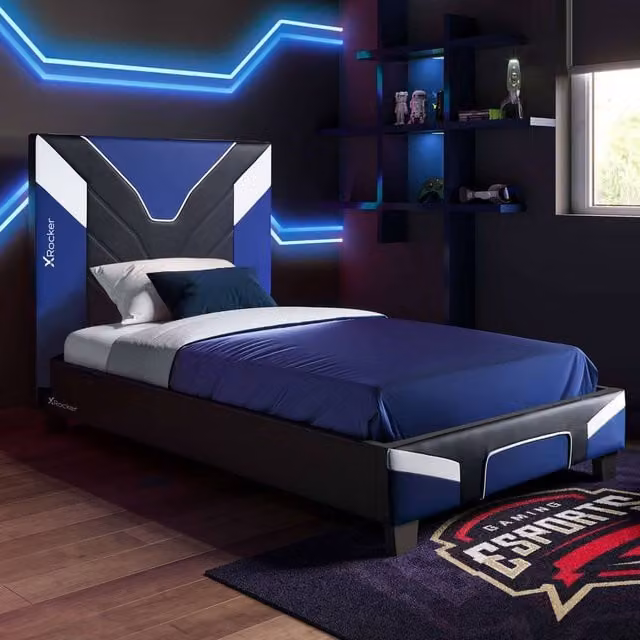 X Rocker Cerberus MKII Upholstered Gaming Bed Frame in Blue for Kids and Teens, W/D/H: 90 x 190 cm