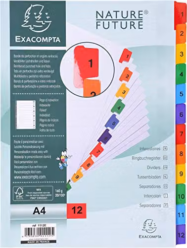 Exacompta A4 Dividers with 12 Numbered Tabs 1-12 in White and Multicolour – 1