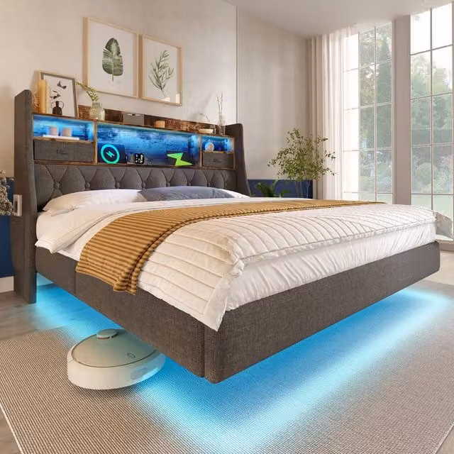 ModernLuxe Grey Upholstered Double Floating Bed with LED Lighting, USB Charging Port and Storage Headboard