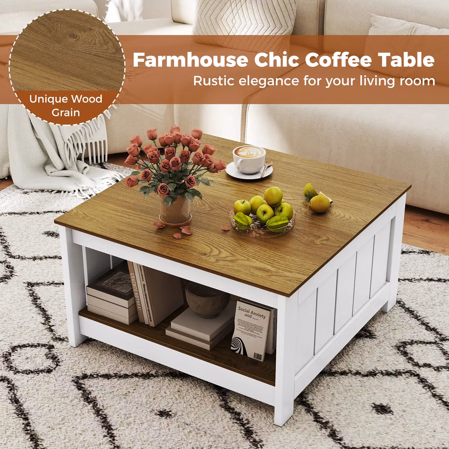 Gymax Square Coffee Table with Open Storage Shelf in Beige – 6
