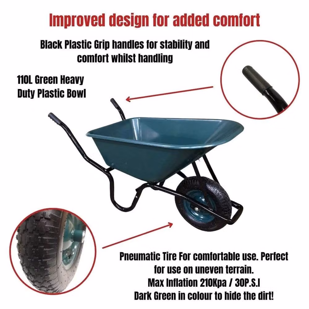 NESTLUNE Heavy Duty Outdoor Plastic Garden Wheelbarrow, 110 Litre Capacity, 150kg Load, Green – 3