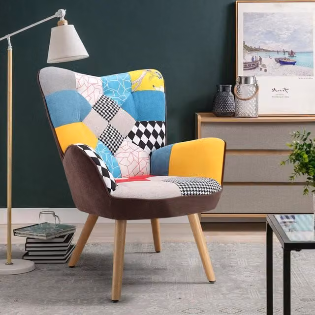 Livingandhome Multicolour Abstract Boho Fabric Armchair with Armrests and Wooden Legs