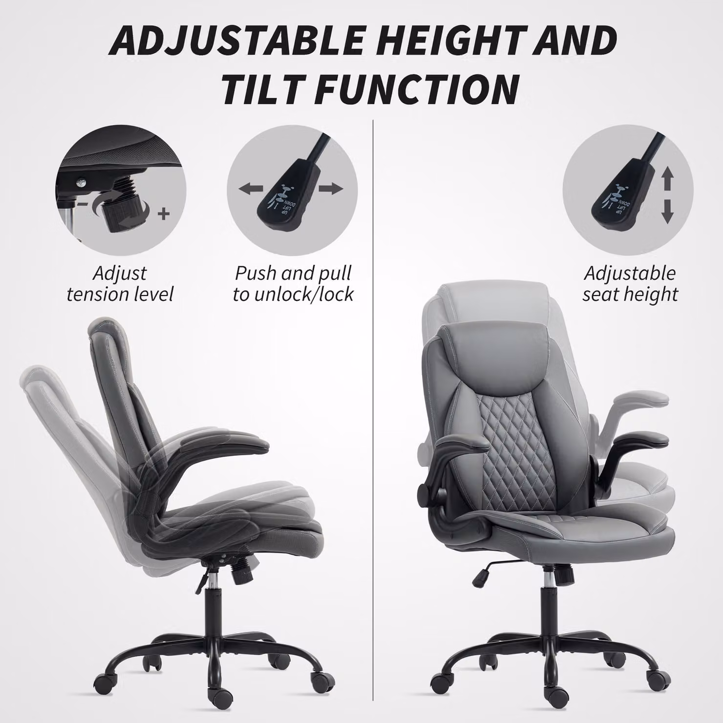 HOMCOM Faux Leather Office Task Chair with Flip-Up Armrests and 360 Degree Swivel, Grey, W/D/H: 65 x 60 x 120 cm – 5