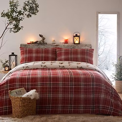 Dreams & Drapes Derwent Check Reversible Woodland Animal Print Brushed Cotton Flannelette Duvet Cover Set in Red and Beige – 1