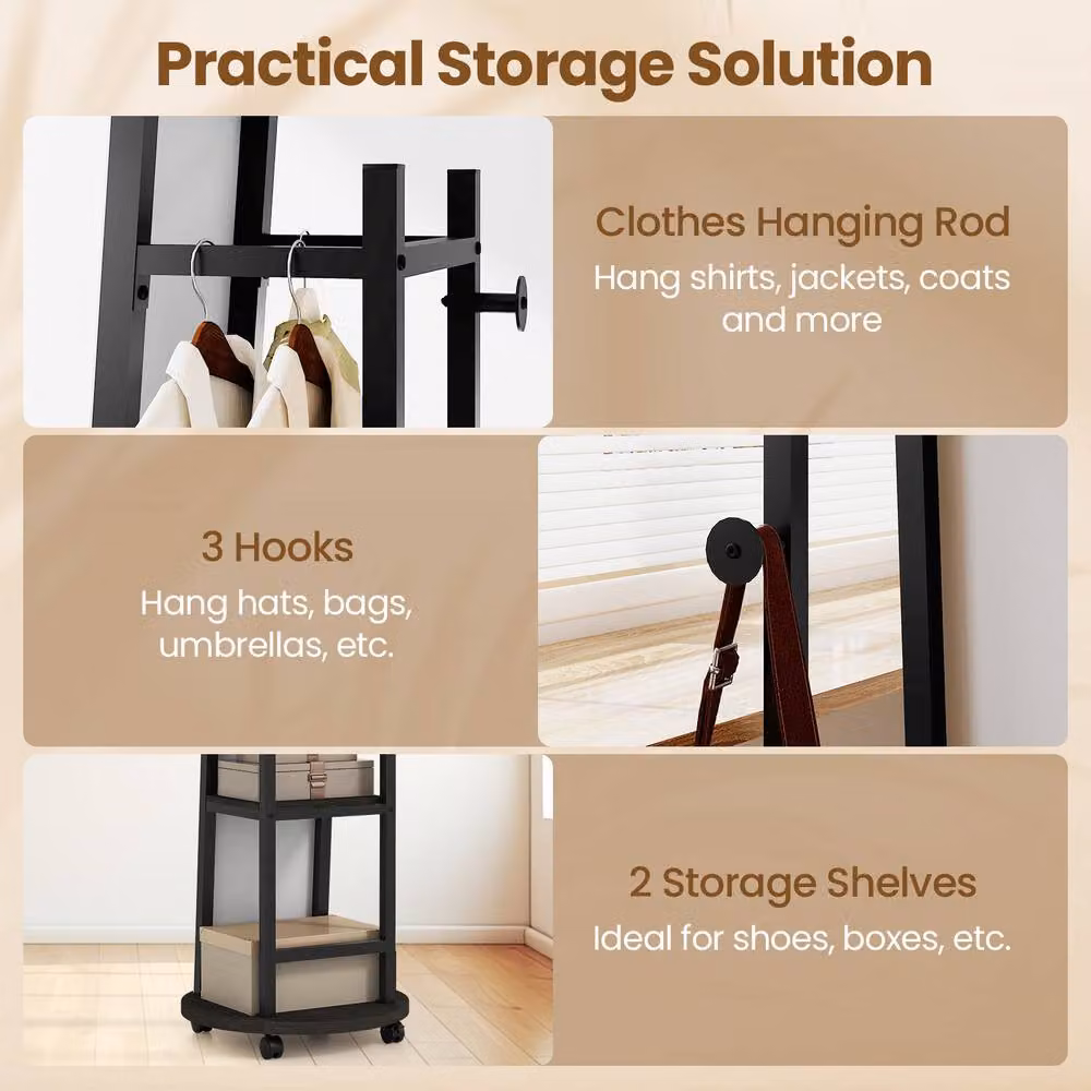 Costway Coat Rack with Full Length Mirror, Black Post Tree with 3 Hooks and Storage Shelves – 6