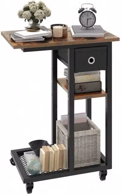 VOGREX Black and Brown C-Shaped Sofa End Table with Drawer and Shelves