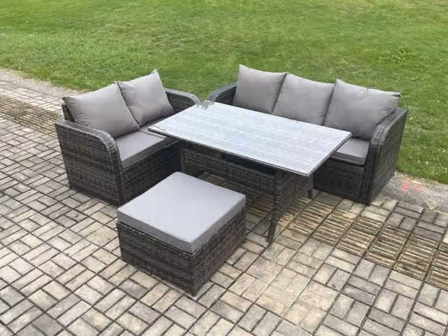 Fimous Dark Grey Wicker Rattan Outdoor Garden Patio Furniture Set with Oblong Rectangular Dining Table, Lounge Sofa and Large Footstool
