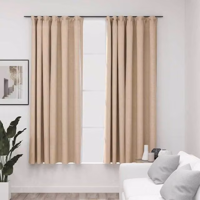Berkfield Home Linen-Look Blackout Curtains with Hooks, 2 Pack, Beige, W: 140 cm, H: 175 cm