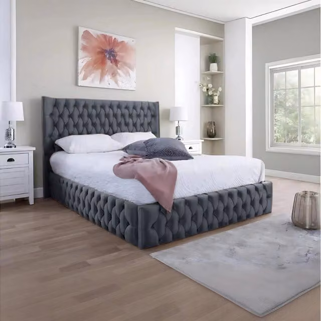 Desire Deco Chesterfield Upholstered Bed Frame in Grey, 140 x 200 cm