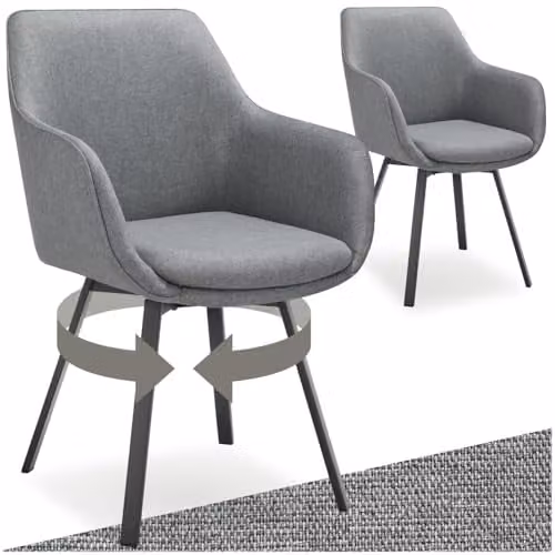 tectake Set of 2 Alicon 360 Swivel Dining Chairs in Anthracite Grey with Fabric Upholstery and Metal Legs