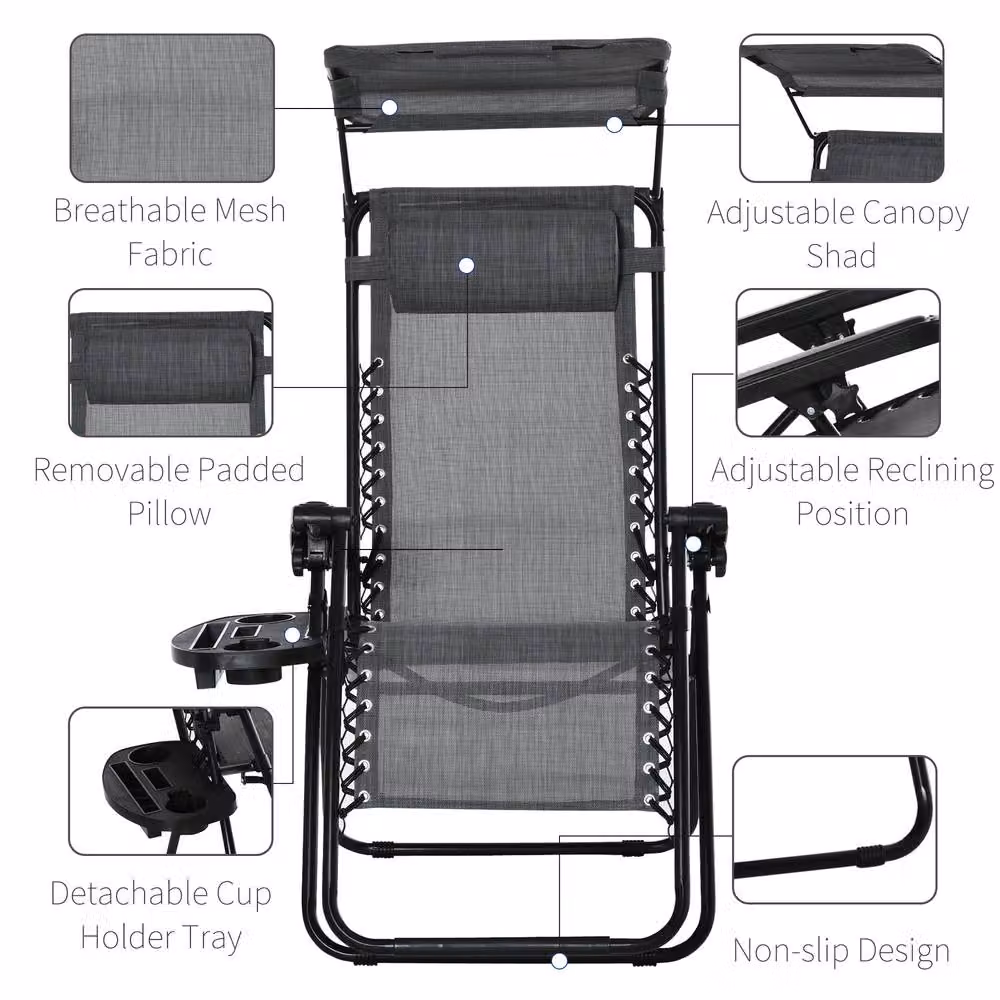 OUTSUNNY Zero Gravity Patio Lounge Chair with Adjustable Headrest, Sun Canopy and Cup Holders in Light Grey – 4