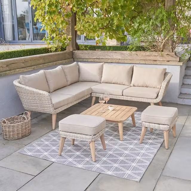 Pacific Lifestyle Modern PU Rattan Outdoor Corner Sofa Set with Acacia Wood Table and Stools in Beige and Brown