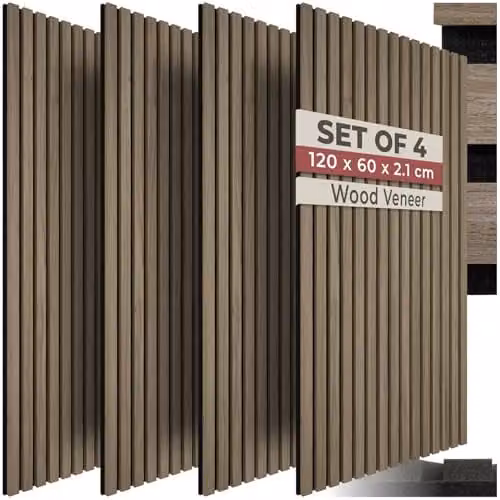 tectake Set of 4 Sound-Absorbing Acoustic Wall Panels with MDF and Wood Look in Brown, W/D/H: 120 x 60 x 2.1 cm – 1