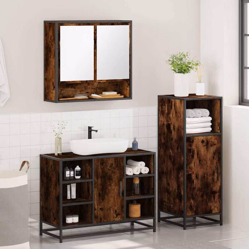 Berkfield Home 3 Piece Industrial Bathroom Furniture Set in Brown Smoked Oak – 4