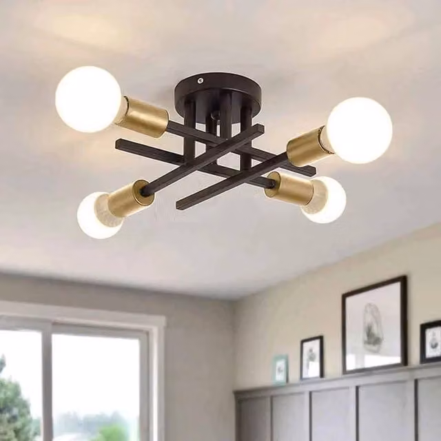 Kelvenix Black and Gold 4-Head Industrial Metal Ceiling Light with LED Bulbs
