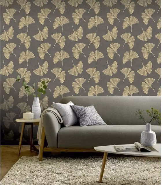 Nordara Ginkgo Leaf Metallic Textured Vinyl Wallpaper in Grey – 1