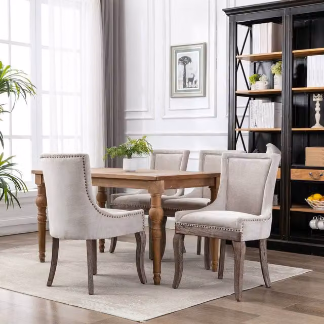 HomeTouch Bewley Set of 4 Plush Linen Upholstered Dining Chairs in Beige and Grey with Oak Wood Legs