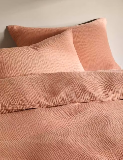 M&S Pure Cotton Muslin Bedding Set in Soft Terracotta, W: 140 cm, L: 200 cm