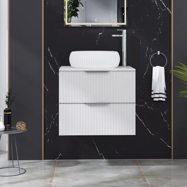 Royal Bathrooms Evora 600mm Matt White Fluted Wall Hung 2 Drawer Vanity Unit with Milan Basin