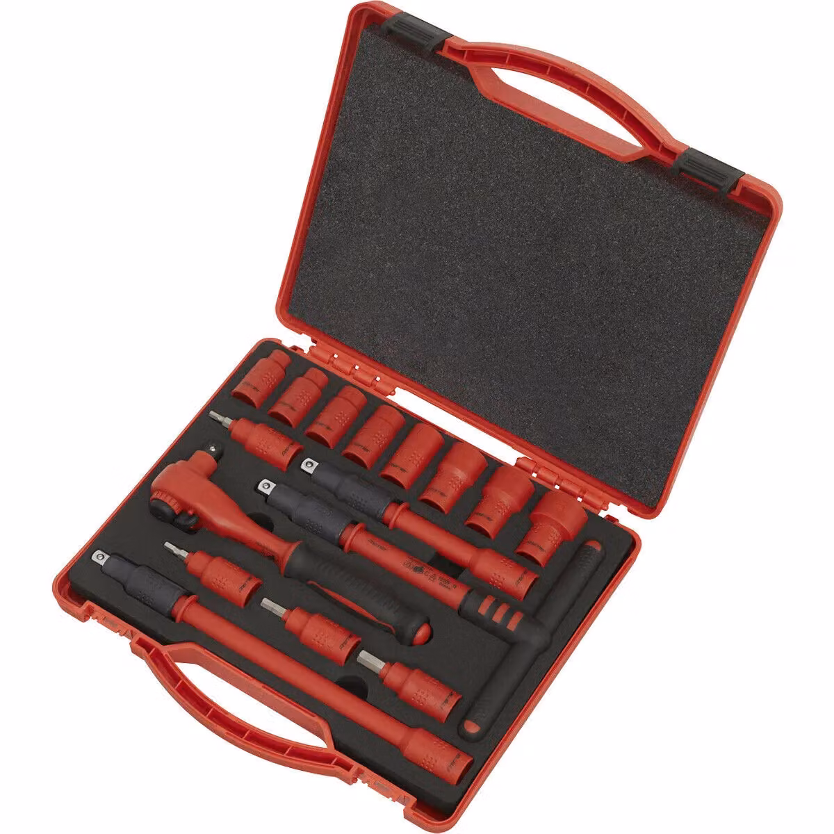 Loops 16pc VDE Insulated Socket and Ratchet Handle Set, 3/8 inch Square Drive, 6 Point Metric, Red and Multicolour – 3