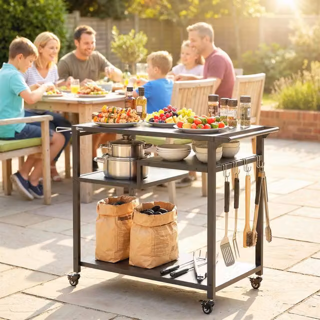 Outsunny Outdoor Grill Cart with Steel Tabletop and Rubbish Bag Holder, Black