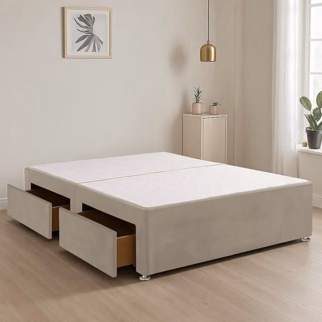 Bed Time UK Plush Fabric Divan Bed Base with 2 Storage Drawers, Ivory, W/D/H: 180 x 200 cm