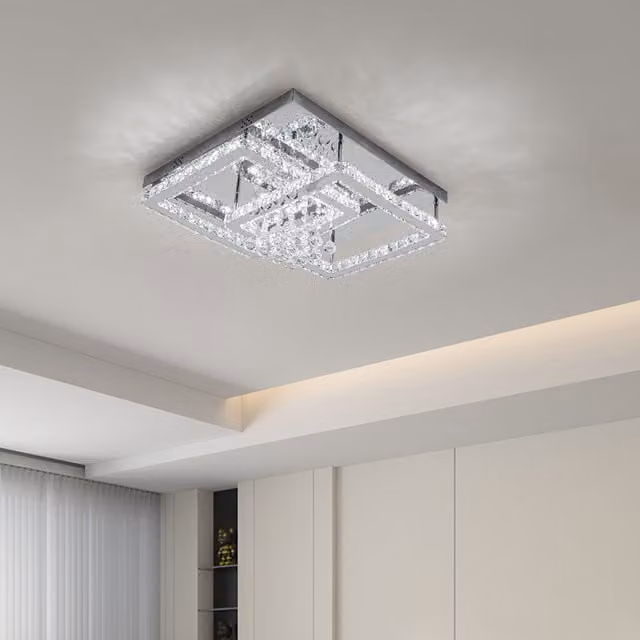 Livingandhome 2-Tier Square Crystal Ceiling Light in Chrome and Transparent White with Cool White Illumination