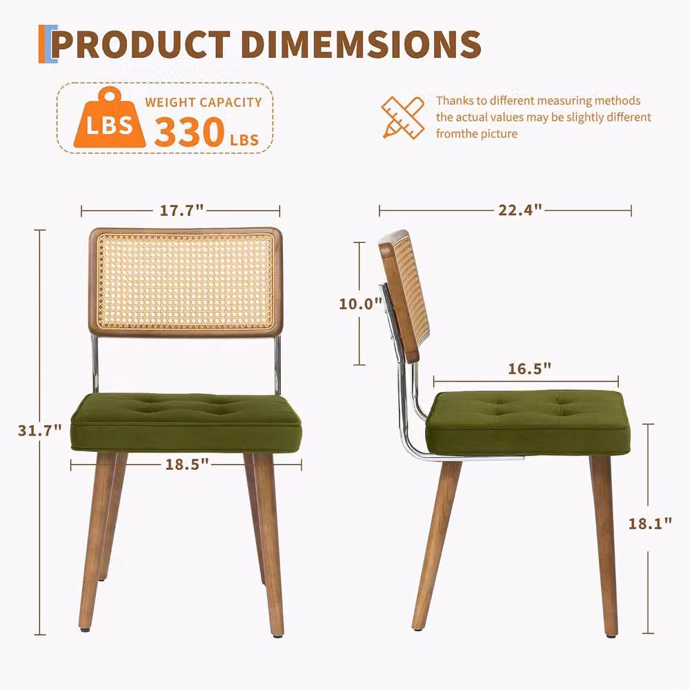 London Boutique Set of 2 Green Velvet Upholstered Rattan Dining Chairs with Rubberwood Legs – 2