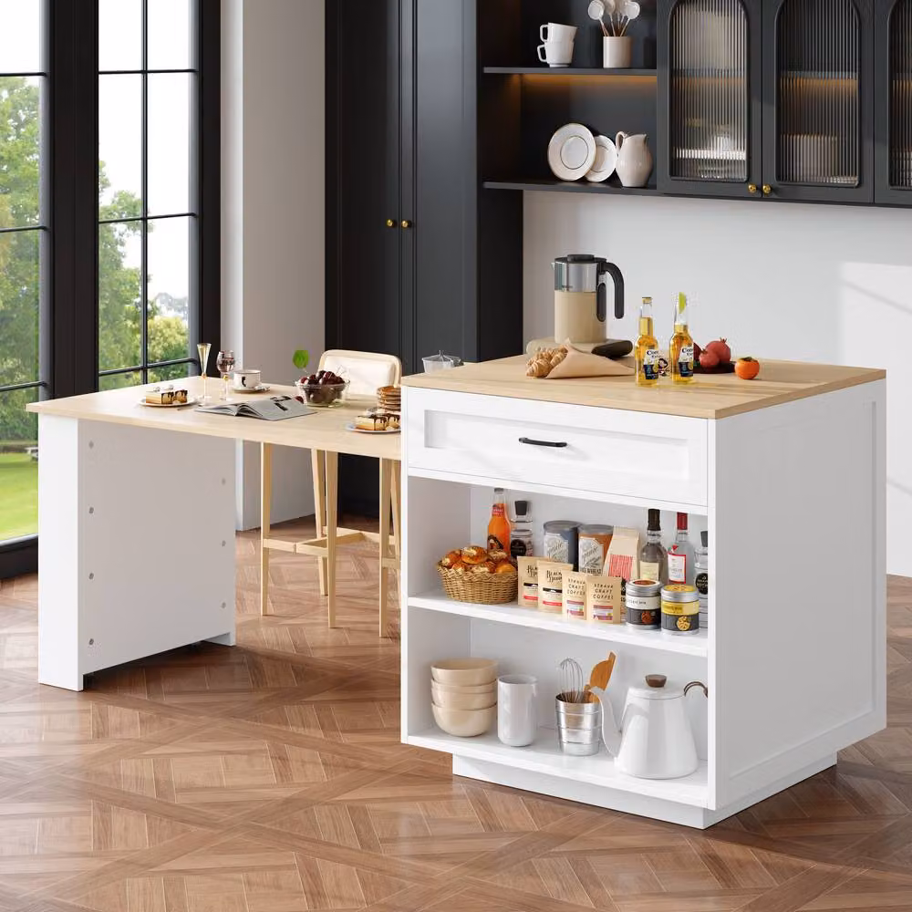 BTM Extendable Bar Table with Two Drawers and Side Shelves in White, W/D/H: 93.5 x 75.8 x 70.0 cm – 4