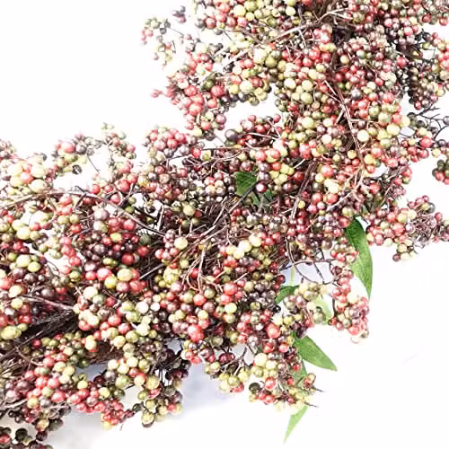 Leaf Design Hanging Round Artificial Berry Wreath in Black, Red and Multicolour, Diameter: 55 cm – 5