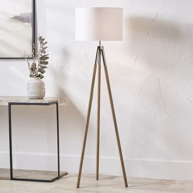 Pacific Lifestyle Industrial Tripod Floor Lamp in Grey and Wood with Fabric Cylinder Shade