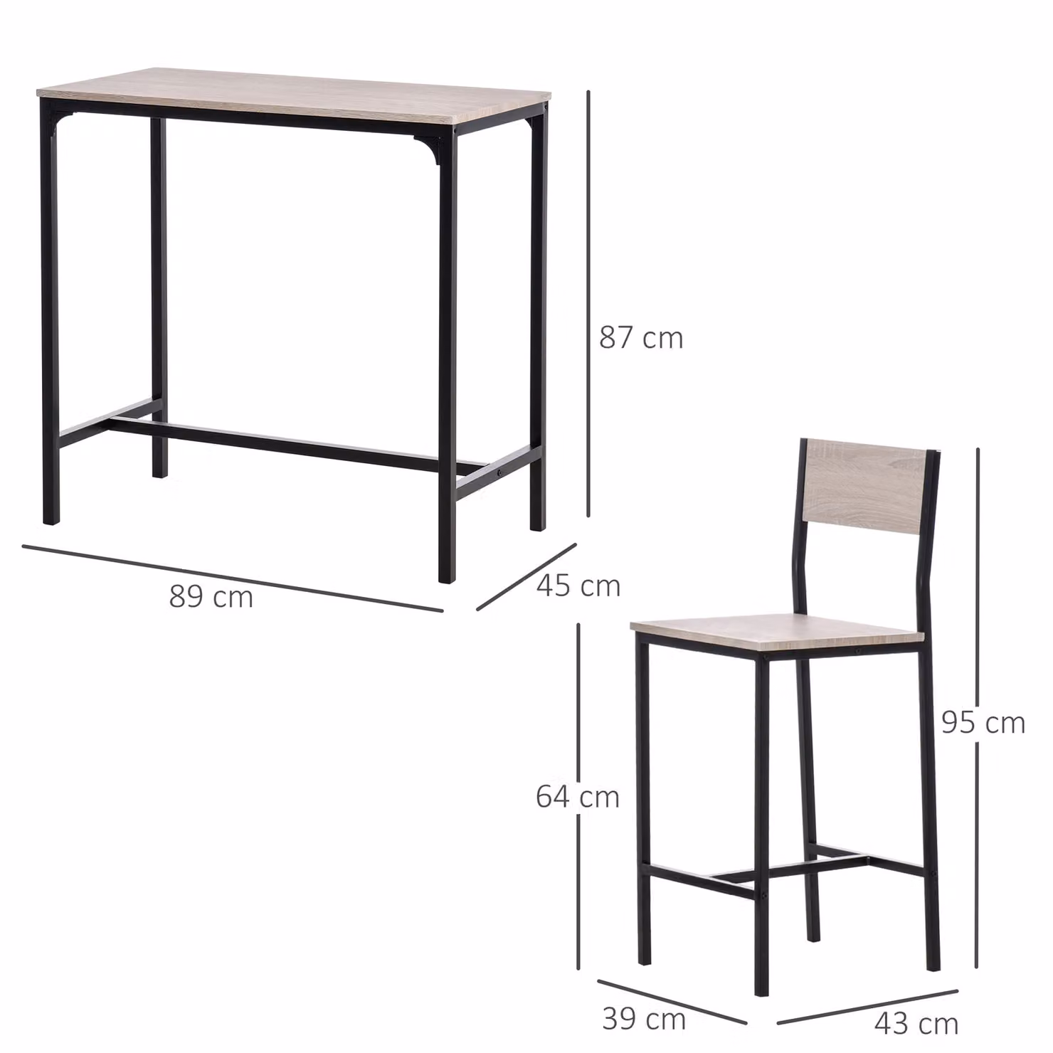 HOMCOM Set of 3 Industrial Style Table Stools with Black Metal Frame and Oak Tone MDF Panels – 3