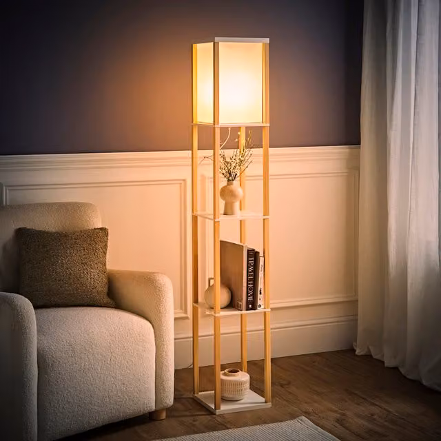 ValueLights Struttura Shelving Unit Floor Lamp with Fabric Shade and Bulb in Wood/Brown