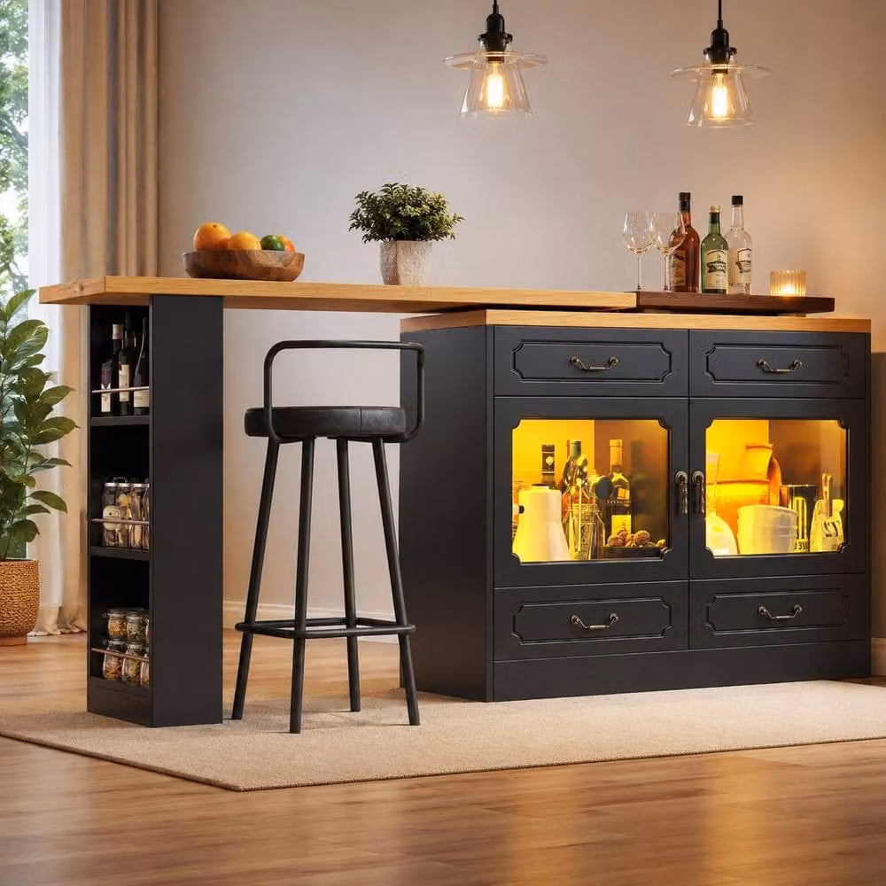 Merax Rotatable Breakfast Bar Table and Buffet Sideboard with LED Lighting and Glass Cabinet in Black – 2