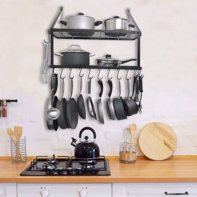 Livingandhome Black Matt Metal Wall Mounted Kitchen Shelf and Pot Pan Rack