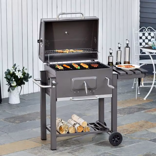 Outsunny Charcoal Smoker BBQ Trolley with Offset Design in Dark Grey