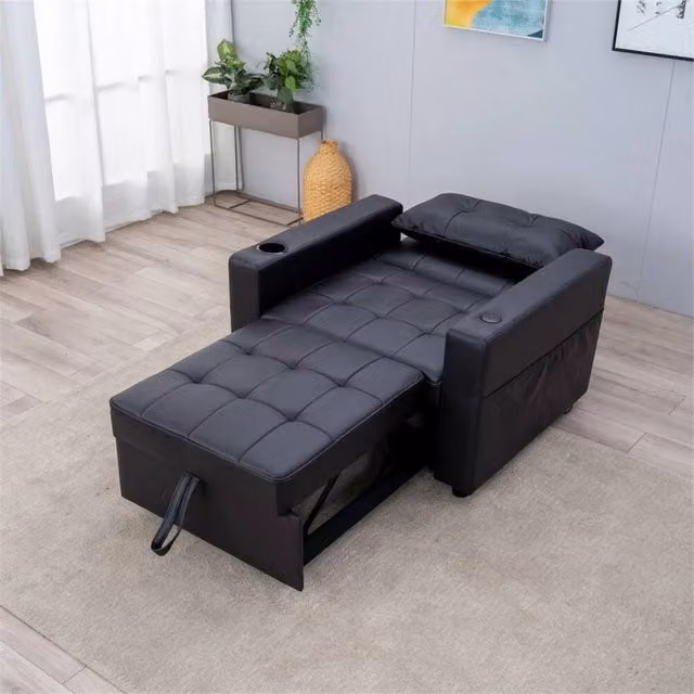 FORGEVIO Black Faux Leather Single Bed Corner Sofa Bed with Armrests – 1